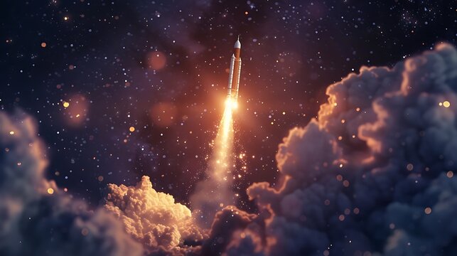 Space rocket takes off from Earth, leaving behind a fiery trail as it ascends into the starry night sky.