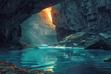 Bioluminescent cavern with a hidden lake in a mysterious underground world