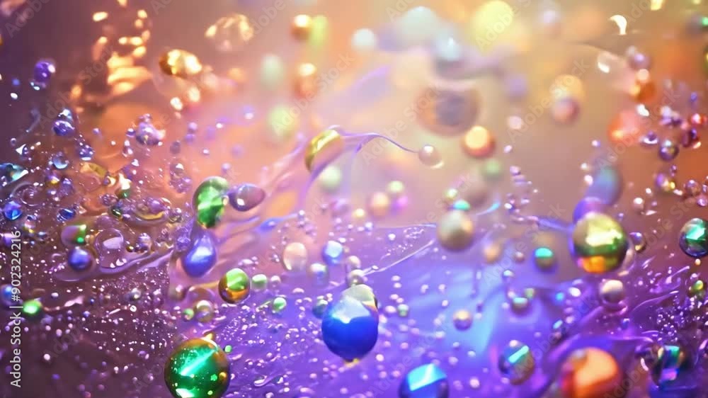 Poster fantastic festive abstract background of shiny multicolored particles flying or floating in a viscou
