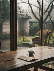 Illustration of A serene, minimalist workspace with a wooden table, a single notebook, and a cup of coffee, overlooking a beautiful, expansive garden through a large window. Ai Generate.
