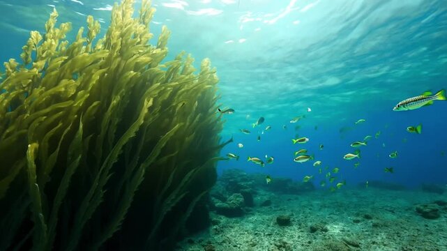 A stunning view of kelp forests swaying in the currents, schools of fish swimming in tall vegetation, and sunlight creating patterns on the ocean floor.