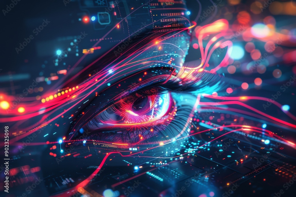 Poster cybernetic eye with neon lines symbolizing the integration of human vision and advanced digital tech