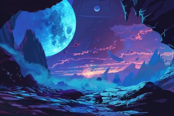 Mystical alien landscape with blue moon and glowing rocks