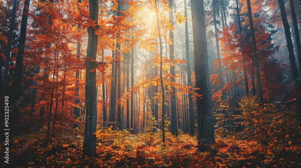 Poster a thick forest with tall trees and fallen leaves in various shades of orange and red. sunlight strea