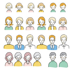 笑った顔・困った顔（大人、老人、子供）上半身セット