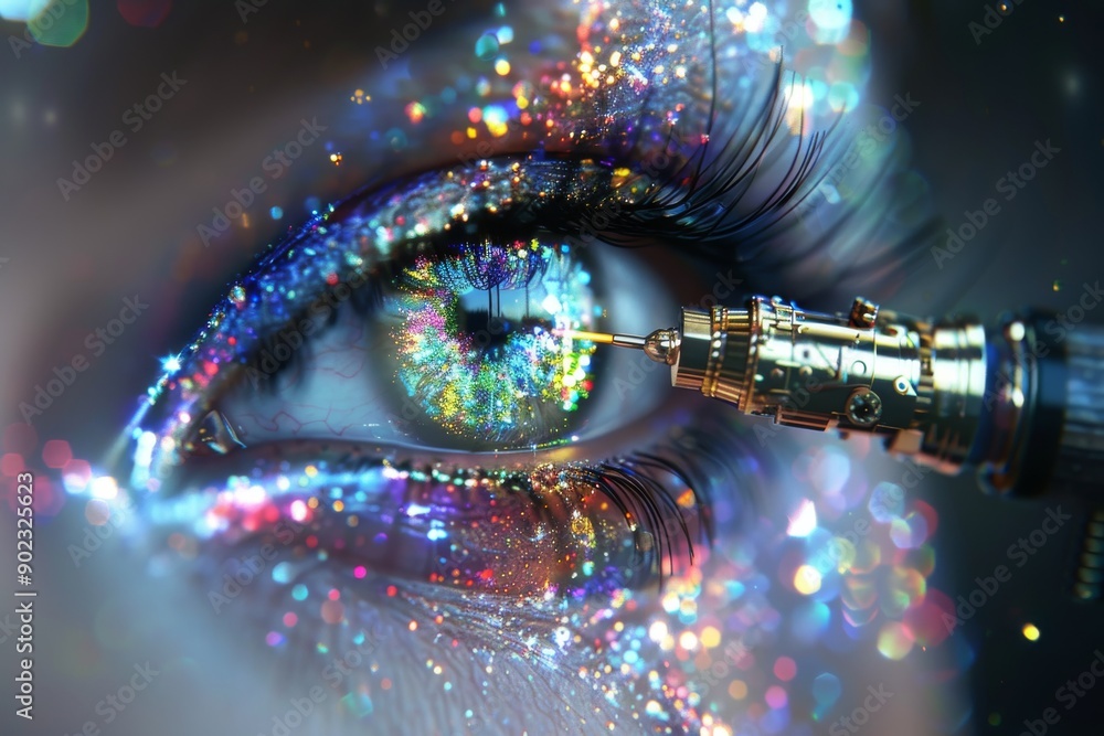 Poster close up of a cybernetic eye with intricate digital patterns emphasizing the integration of human vi