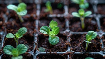 Macro shot of petunia seedlings in a coco filled cell tray