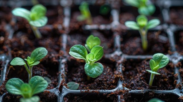 Macro shot of petunia seedlings in a coco filled cell tray
