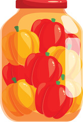 Glass jar filled with pickled red and yellow bell peppers preserving food for winter
