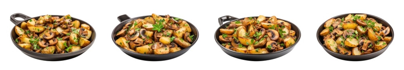 Fototapeta premium Roasted potatoes and mushrooms in a skillet with fresh parsley