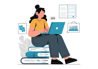 woman with laptop sitting on stack of books learning concept. flat vector illustration