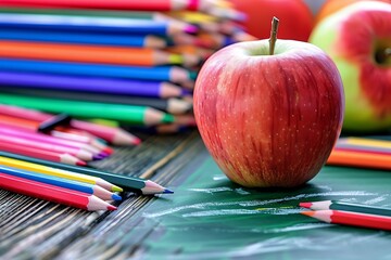 Creative composition with books, apples and school blackboard