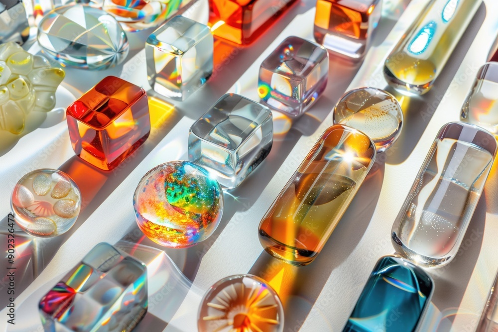 Poster diverse transparent and colorful glass objects arranged in rows with light reflections. concepts of 