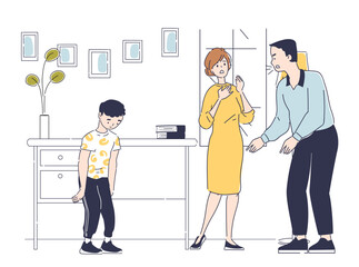 Parents shouting at child. Mother and father criticize their son. Childhood psychological trauma. Negative feelings and emotions. Conflicts and quarrels in family. Linear vector illustration