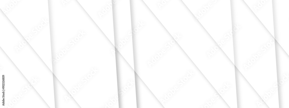 Poster Abstract white background, white elements in blank space with paper cut style design. Design with white transparent material in triangle and squares shapes.