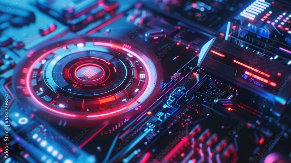 Poster close-up of futuristic circuit board with glowing red and blue neon lights and intricate patterns. c