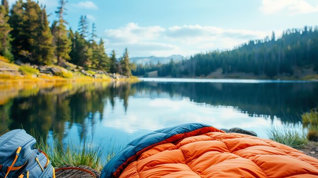 Tranquil lake view with vibrant camping gear, surrounded by lush forest and serene water, perfect for outdoor adventures.