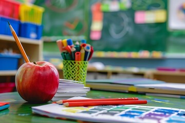 Fototapeta premium Creative composition with books, apples and school blackboard