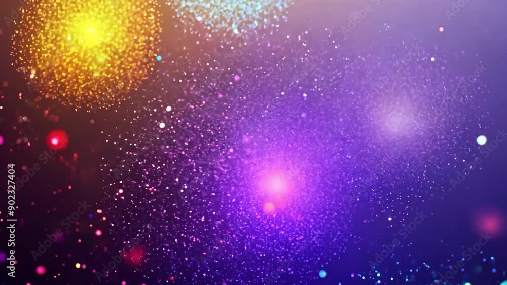 Poster fantastic festive abstract background of shiny multicolored particles flying or floating in a viscou
