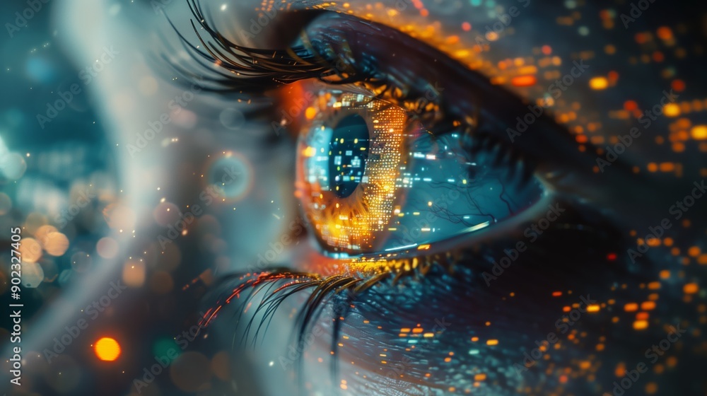 Poster a closeup of an eye with digital data flowing through it, symbolizing the integration and majesty of