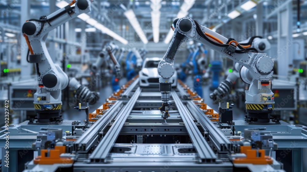 Poster high-definition image of a robot assembly line in a modern car factory, showcasing robotic arms meti