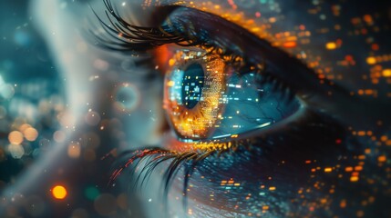A closeup of an eye with digital data flowing through it, symbolizing the integration and majesty of artificial intelligence in future vision technology