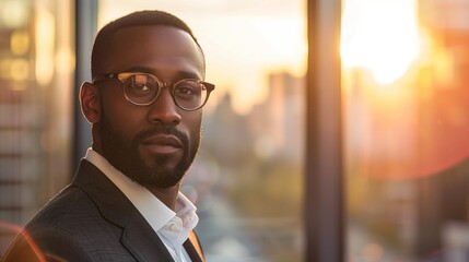 A confident black businessman looking directly at the camera with warm sunlight streaming through an office window in the background.