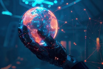 Obraz premium Robotic Hand Holding a Holographic Earth with Network Connections