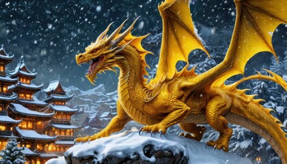 Fototapeta premium Golden Dragon in a Snowy Landscape.