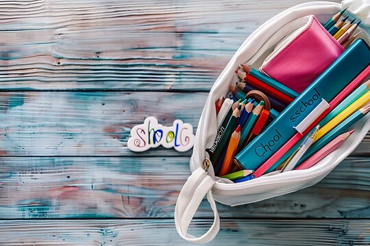 Back to school - blackboard with pencil-box and school equipment on table