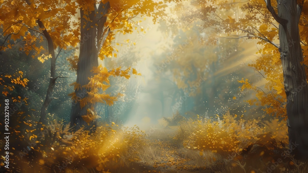 Aufkleber A winding path through a lush forest in the fall. Sunlight streams through the trees, illuminating the golden leaves and casting a warm glow on the ground. The air is filled with a soft mist, creating
