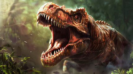 Obraz premium Fierce Tyrannosaurus Rex or Another Massive Prehistoric Carnivore Lunging with Gaping Jaws Amidst Lush Verdant Jungle Foliage