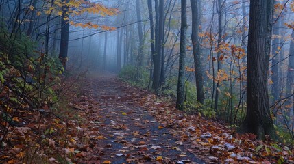 Obraz premium A dirt path winds through a foggy forest, lined with tall trees and scattered with fallen autumn leaves. The air is thick with mist, creating a sense of mystery and tranquility. The soft light of morn