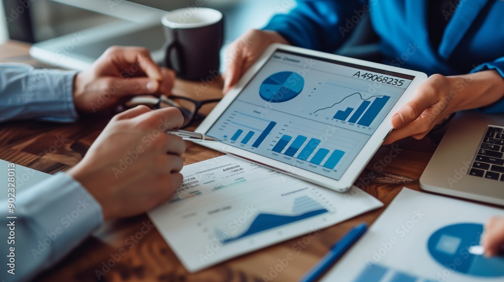 Poster business people are discussing financial data and holding charts on a tablet computer for a strategy