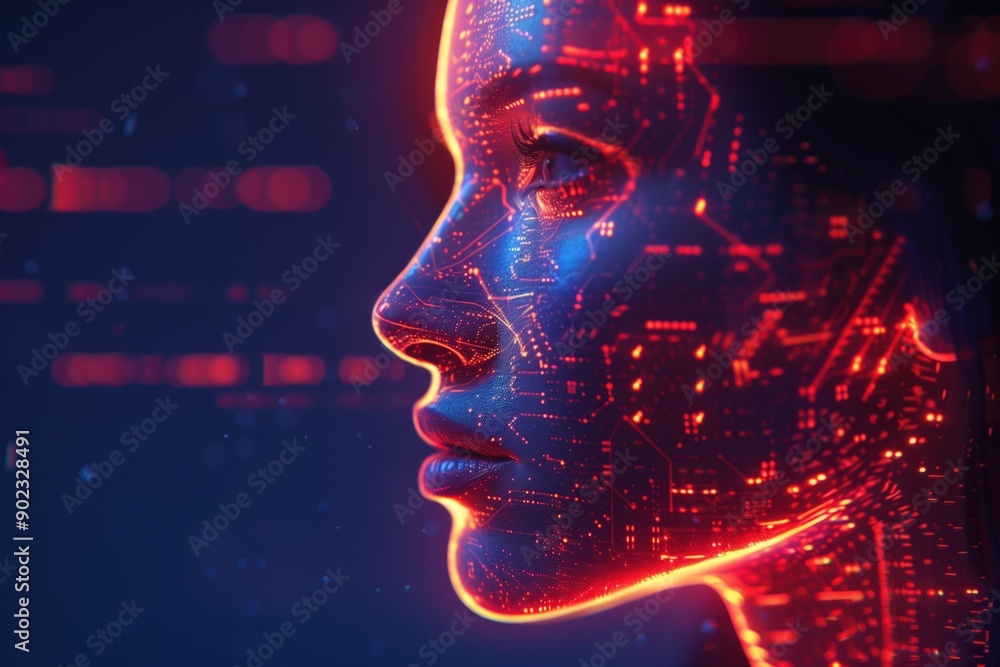 Poster side profile of a woman’s face illuminated by red neon lights and digital patterns. concepts of arti
