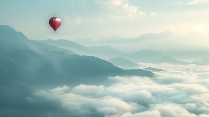 Fototapeta premium The image captures a captivating scene of a balloon floating above a foggy and cloud-covered mountain valley.