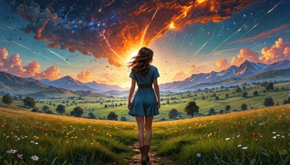 Fototapeta premium Woman Standing in Field Looking at Spectacular Sky.