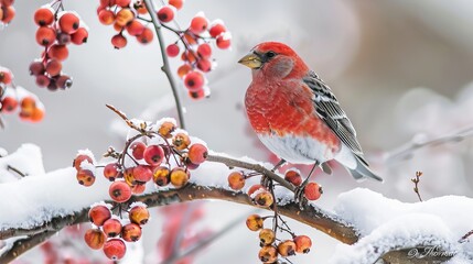 A male pine grosbeak is perched amidst a winter landscape, its vibrant plumage contrasting against the snowy backdrop.