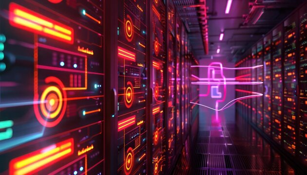 High-definition shot of a data center corridor, showcasing rows of rack servers with glowing indicators and dynamic internet connection visualizations.