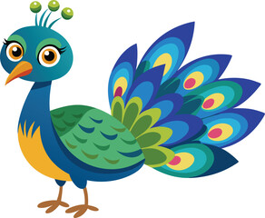 Cute Beautiful Cartoon Peacock Vector Illustration Art