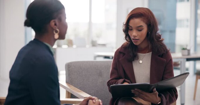 Meeting, job interview and women in office for hiring, cv review and future career in company. Recruitment, business and talk or discussion for opportunity with people and support in workplace