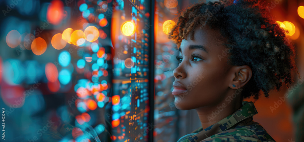 Aufkleber focused woman in military uniform analyzing digital display with colorful bokeh in the background. c