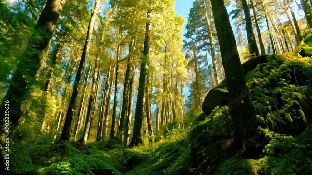 Poster a dense, green forest with sunlight filtering through the leaves, creating dappled patterns on the f