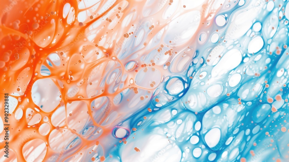Poster abstract close up of orange and blue fluid shapes forming intricate patterns on a white background. 