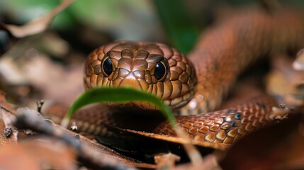 Obraz premium A detailed close-up shot of a snake in Taiwan, showcasing the intricate patterns and textures of its scales.