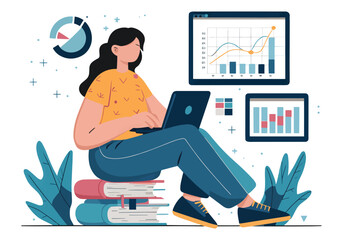woman with laptop sitting on stack of books learning concept. flat vector illustration