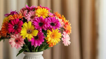 Fototapeta premium vibrant bouquet of gerbera daisies in a white vase with a blurred tan background, perfect for home decor, greeting cards, and floral design projects.