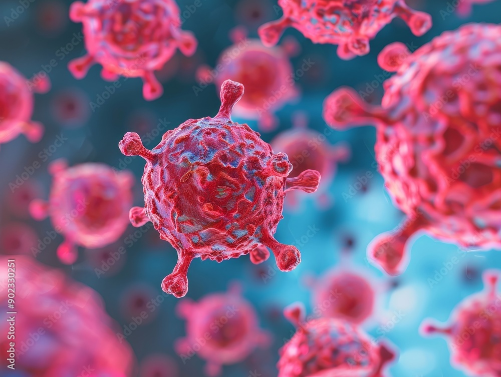 Poster 3d illustration of red virus particles - microscopic view of a contagious pathogen.