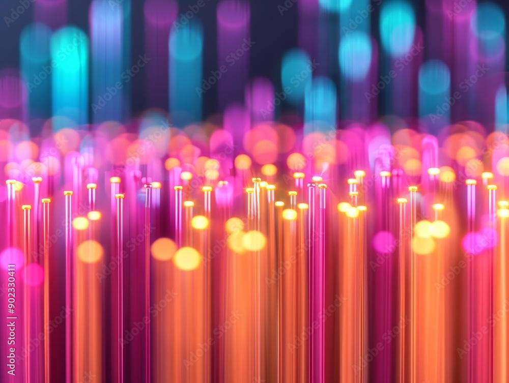Poster abstract 3d digital art with vibrant neon lights, bokeh and colorful cylinders for technology, futur