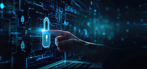 Hand touching a digital lock icon on a futuristic interface with glowing circuitry background. Concepts of cybersecurity, digital protection, and secure data.